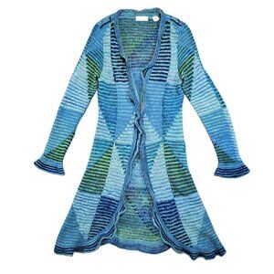 Anthropologie Sleeping on Snow Colorblock Long Line Clasp Ruffle Cardigan - L